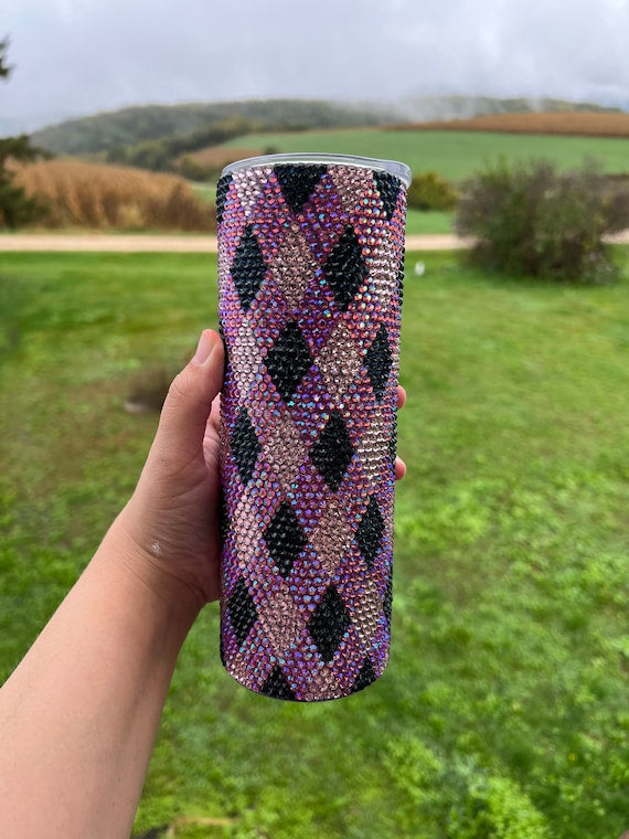 Pink Plaid Rhinestone Tumbler